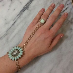 Mint and blue floral stone bracelet with ring